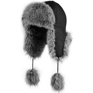 ⚡Women Black Faux Fur Trapper Pompoms Warm Classic Ear Flaps‎ Fuzzy Bobble Cap